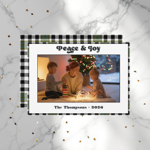 Peace & Joy Black and White Plaid Christmas Photo Holiday Card