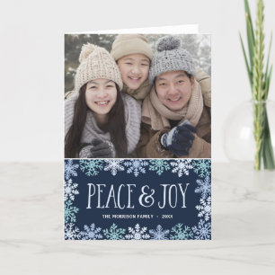 Peace & Joy   Blue Snowflakes Hand Lettered Photo Holiday Card
