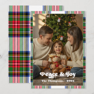 Peace & Joy Bright Tartan Plaid Family Christmas Holiday Card