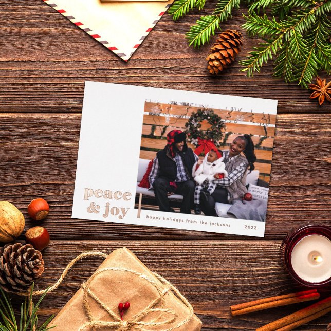 Peace & Joy Corner Modern Foil Photo Holiday Card (Creator Uploaded)
