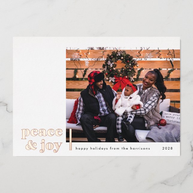 Peace & Joy Corner Modern Foil Photo Holiday Card (Front)