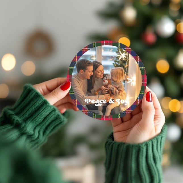 Peace & Joy Custom Plaid Christmas Photo Classic Round Sticker (Peace & Joy Custom Plaid Christmas Photo Classic Round Sticker)