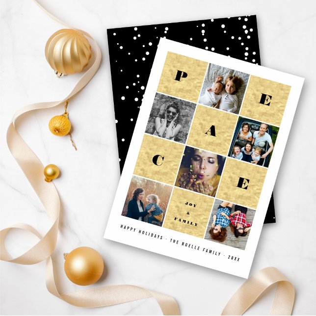 Peace Joy Family Gold Foil Blocks 5 Photo Collage Holiday Card (Creator Uploaded)