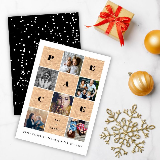 Peace Joy Family Rose Gold Blocks 5 Photo Collage Holiday Card (Creator Uploaded)