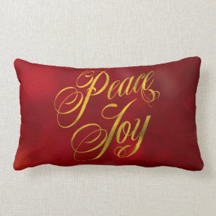 Peace Joy Faux Gold Foil Christmas Red Bokeh Text Lumbar Cushion