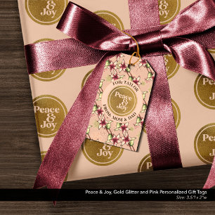 Peace & Joy, Gold Glitter and Pink Personalised Gift Tags