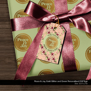 Peace & Joy, Gold Glitter Pink Green Personalised Gift Tags