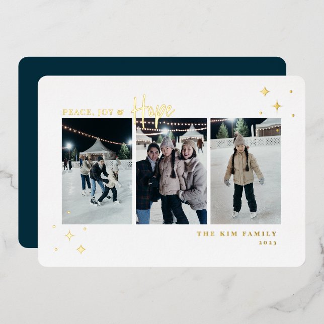 Peace Joy Hope 3 Photo Foil Holiday Card (Front/Back)