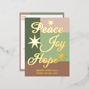 Peace Joy Hope Earthy Colors Chic Non-Photo Gold Foil Holiday Postcard