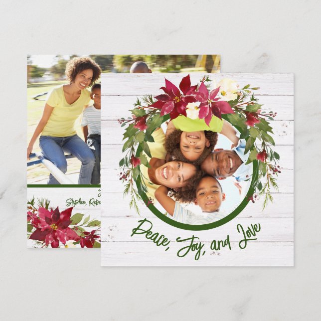 Peace Joy Love 2 Photo Poinsettia Floral Christmas Holiday Card (Front/Back)
