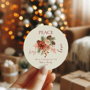 Peace Joy Love Beige Floral Christmas Classic Round Sticker