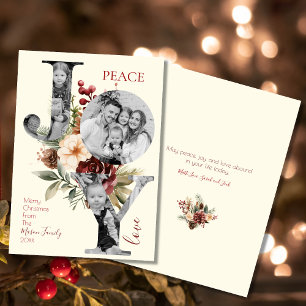 Peace Joy Love Beige Floral Christmas Photo Holiday Card