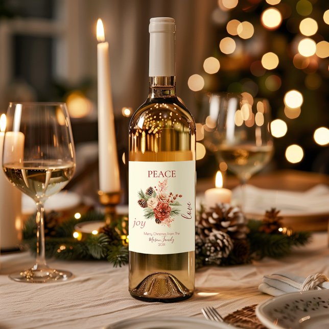 Peace Joy Love Beige Floral Christmas Wine Label (Wine Label)