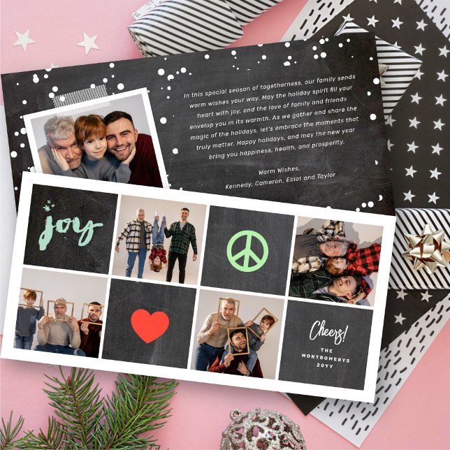 Peace Joy Love Chalkboard Squares Simple 4 Photo Holiday Card (Creator Uploaded)