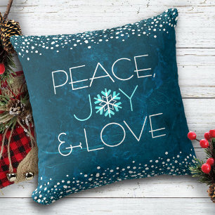 Peace Joy Love Chic Modern Snowflake on Blue Cushion
