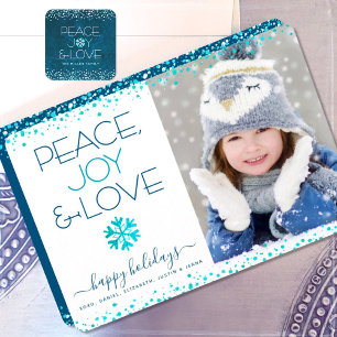 “Peace Joy Love” Chic Modern Snowflake Photo Flat Holiday Card