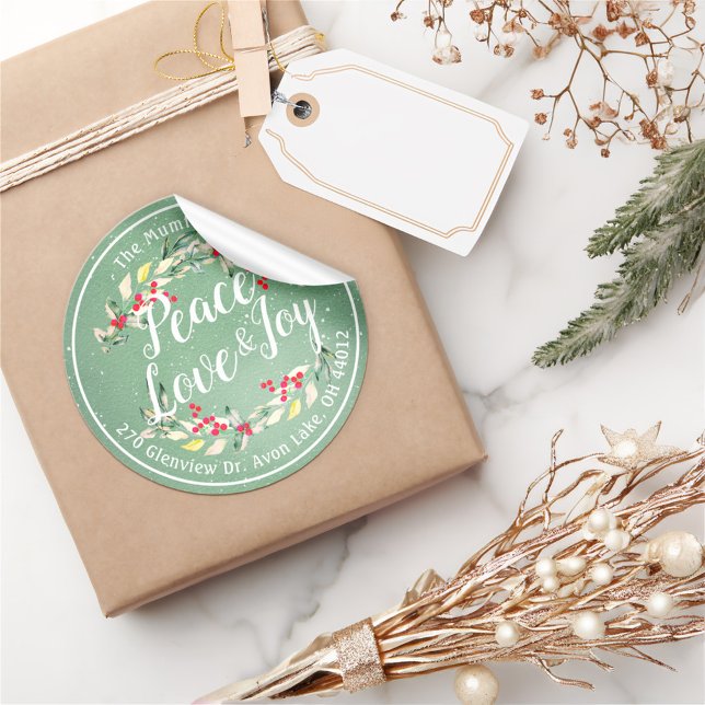 Peace Joy & Love Christmas Happy New Year Address Classic Round Sticker (Creator Uploaded)
