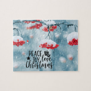 Peace Joy Love Christmas Red Berries & Snow Jigsaw Puzzle