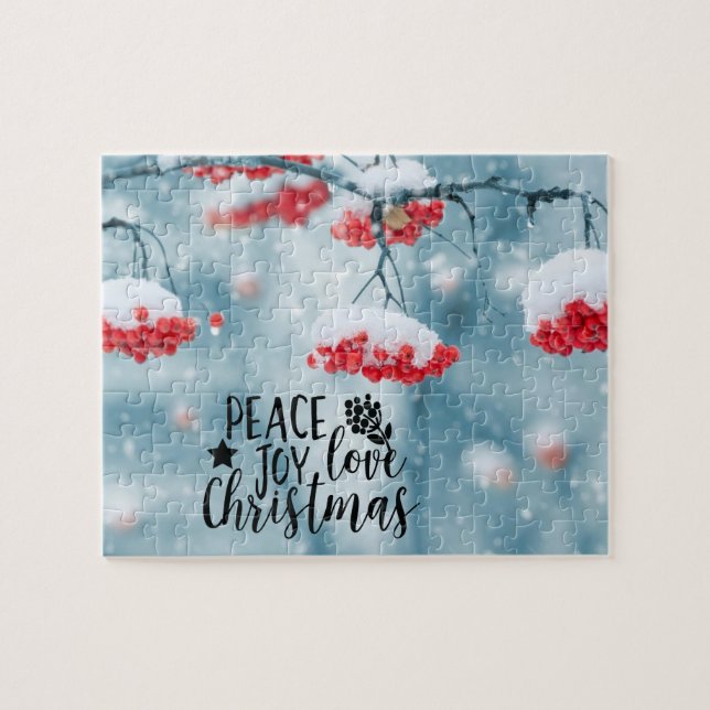Peace Joy Love Christmas Red Berries & Snow Jigsaw Puzzle (Horizontal)
