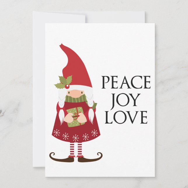 Peace Joy Love Girl Gnome Customisable Holiday Card (Front)