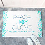 Peace Joy Love Holiday Turquoise Snowflake Name Doormat<br><div class="desc">“Peace, joy & love.” A fun, playful, turquoise snowflake illustration and modern, sans serif typography on a clean, white background help you usher in the holiday season. Turquoise blue confetti dots on the sides complete the look. Enhance your entryway with this stylish and unique custom personalised name Christmas or Hanukkah...</div>