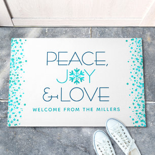 Peace Joy Love Holiday Turquoise Snowflake Name Doormat