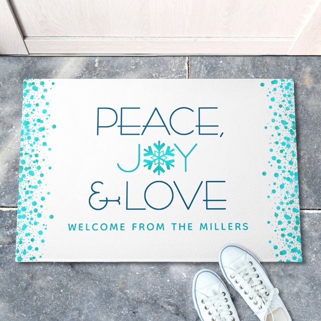 Peace Joy Love Holiday Turquoise Snowflake Name Doormat (Creator Uploaded)