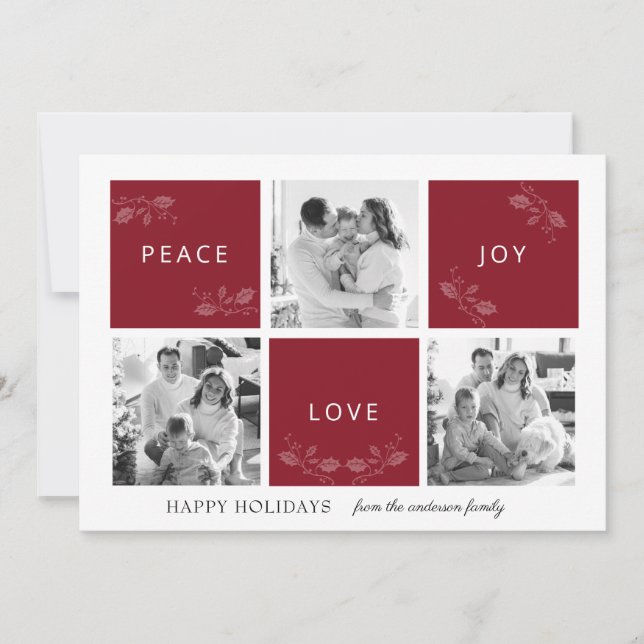 Peace Joy Love Maroon Photo Collage Holiday Card (Front)