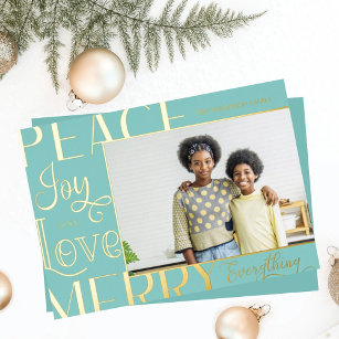 Peace Joy Love Merry Everything Type Border Photo Foil Holiday Card
