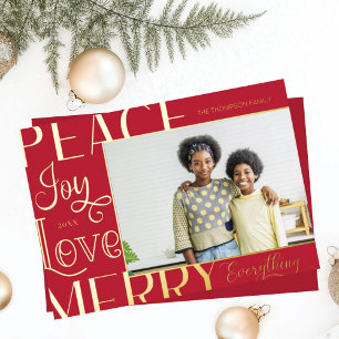 Peace Joy Love Merry Everything Type Border Photo Foil Holiday Card