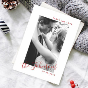 Peace Joy Love Photo Name Classic Red & White Holiday Card