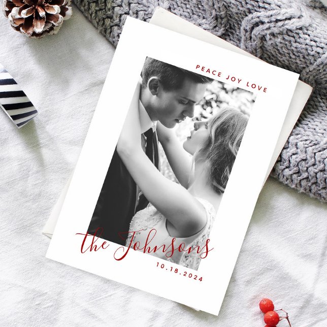 Peace Joy Love Photo Name Classic Red & White Holiday Card (Sharing our happiest moment with the world—newly married and filled with joy this holiday season!)