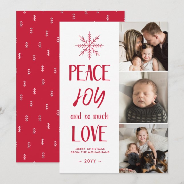 Peace, Joy, Love | Red | 3 Photo Collage Christmas Holiday Card (Front/Back)