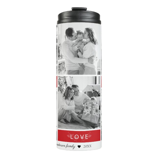 Peace Joy Love Red 6 Photo Collage Script Holiday Thermal Tumbler (Front)