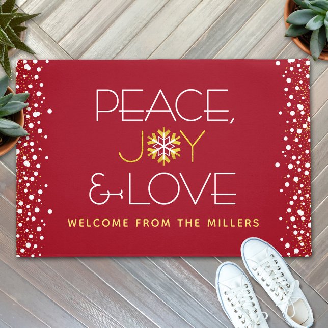 Peace Joy Love Red Christmas Bold Modern Snowflake Doormat (Creator Uploaded)