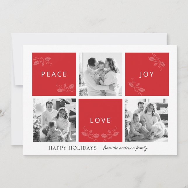Peace Joy Love Red Photo Collage Holiday Card (Front)