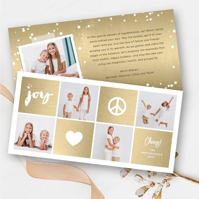 Peace Joy Love Shiny Gold Squares Stylish 4 Photo Holiday Card (Creator Uploaded)
