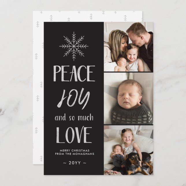 Peace, Joy, Love | Silver Black | 3 Photo Holiday Card (Front/Back)