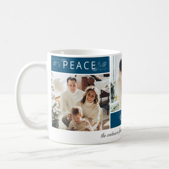 Peace Joy Love Teal 3 Photo Collage Script Holiday Coffee Mug (Left)