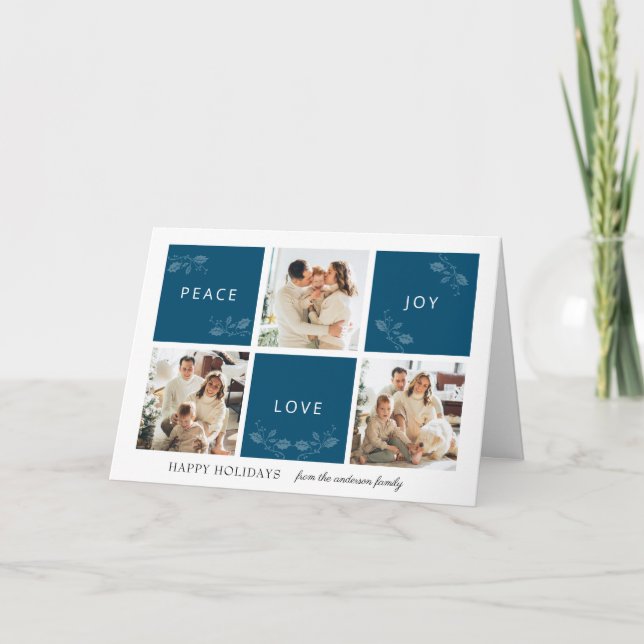Peace Joy Love Teal 4 Photo Collage Script Holiday Card (Front)