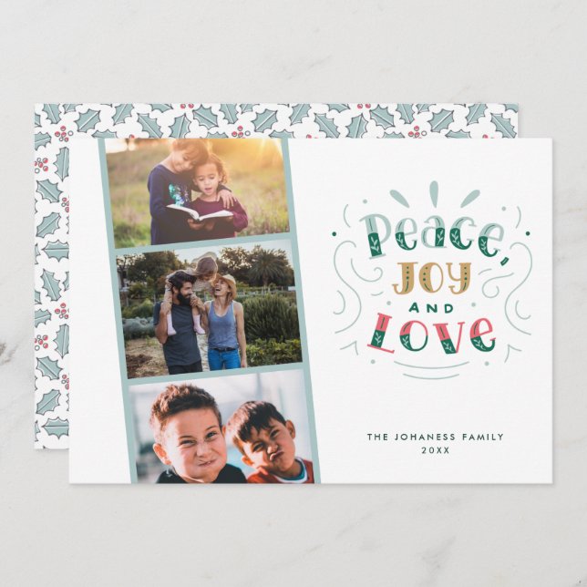Peace Joy Love Three Photo Family Christmas Holiday Card (Front/Back)