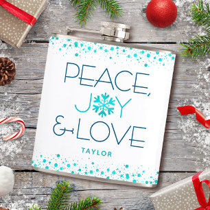 Peace Joy Love Turquoise Holiday Snowflake Name Hip Flask