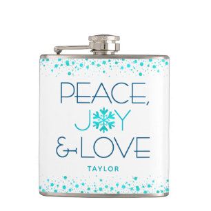 Peace Joy Love Turquoise Holiday Snowflake Name Hip Flask