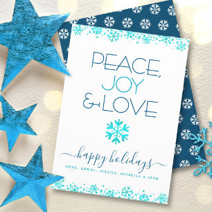 Peace Joy Love Turquoise Snowflake Typography Bold Holiday Card