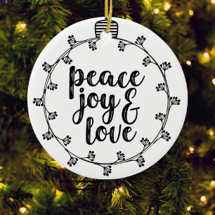Peace Joy & Love Typography Wreath Christmas Ceramic Ornament