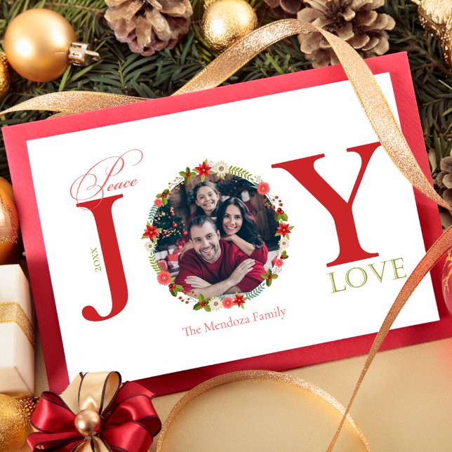 Peace Joy Love Wreath Christmas Photo Card (Creator Uploaded)