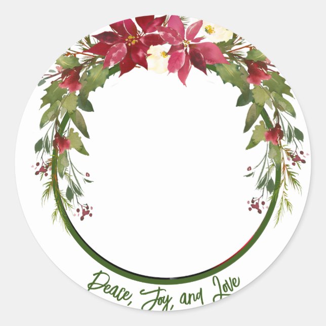 Peace Joy LovePhoto Poinsettia Christmas Classic Round Sticker (Front)