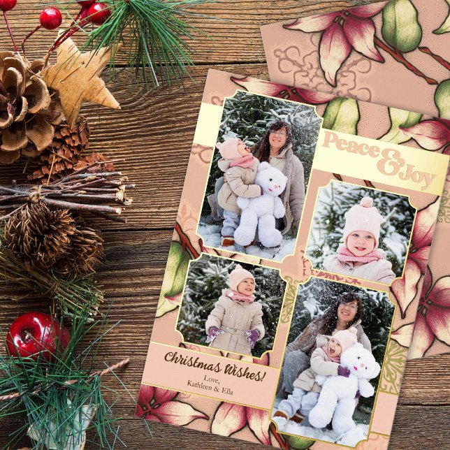 Peace & Joy, Pink and Gold Poinsettia Photo Foil Holiday Card (Peace & Joy, Pink and Gold Poinsettia Photo Foil Holiday Card)