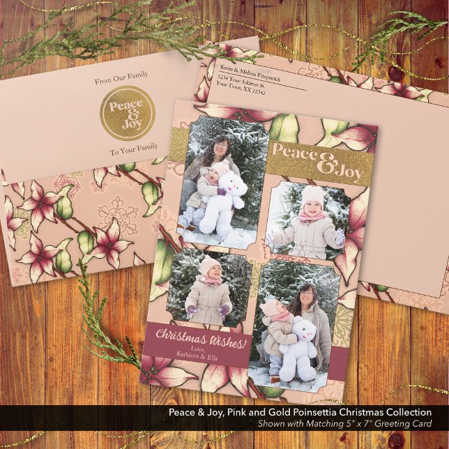 Peace & Joy, Pink, Burgundy, Gold Poinsettia Photo Holiday Card (Peace and Joy, Pink and Gold Poinsettia Holiday Card Shown with Matching Envelope.)