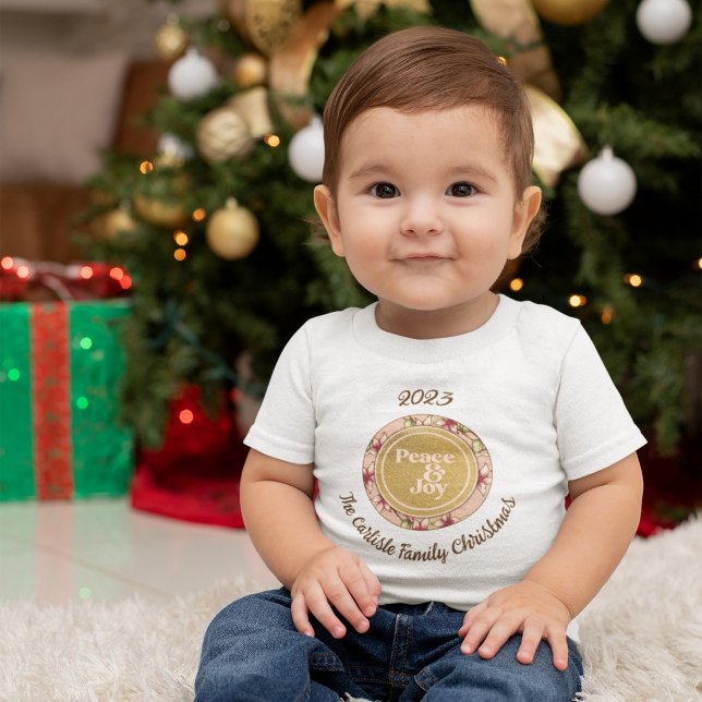 Peace & Joy Pink Gold Family Name Christmas Baby T-Shirt (Peace & Joy Pink Gold Family Name Christmas Baby T-Shirt)